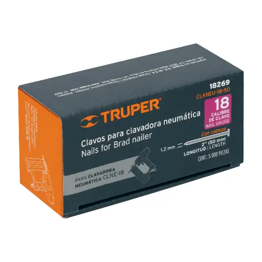 Caja con 5000 clavos calibre 18, 50 mm para CLNE-18, Truper 18269 CLANEU-18-50